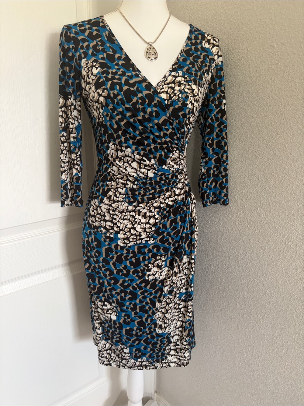 Blue Abstract Leopard Wrap Dress - Women